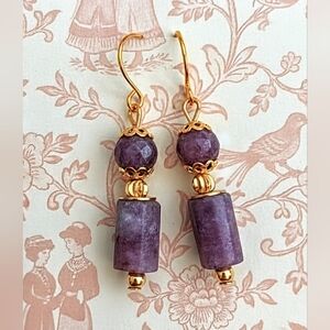 Genuine Very Pink Ruby In Raw Rough All Natural In Drop Gold Plated Earrings